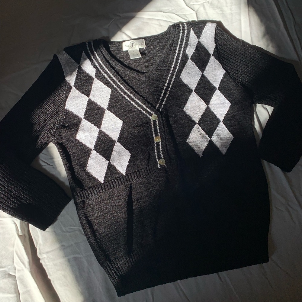 Rare vintage black and white rayon blend checkered plaid design vest sweater
